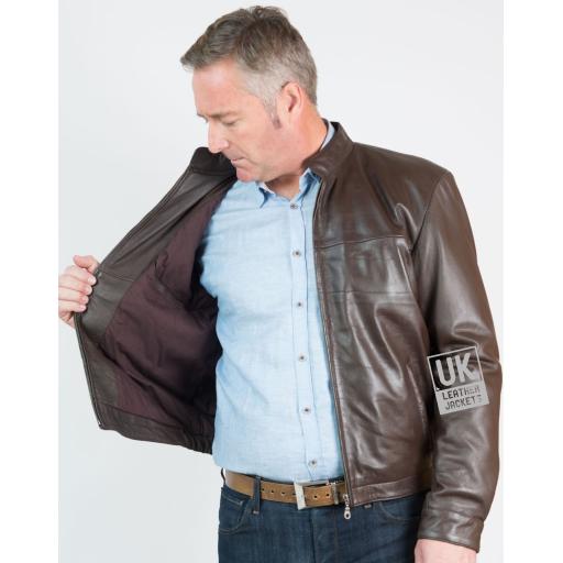 Men's Brown Leather Jacket - Hayle - Lined with 2 leather trimmed inside pocketsing