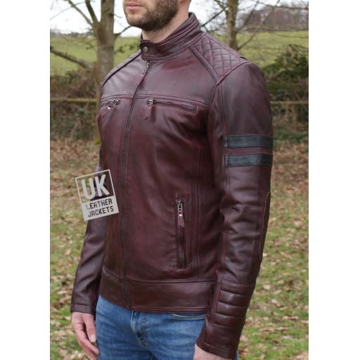 Mens Burgundy Leather Jacket - Quilted Diamond Cross Stitch - Front Zip