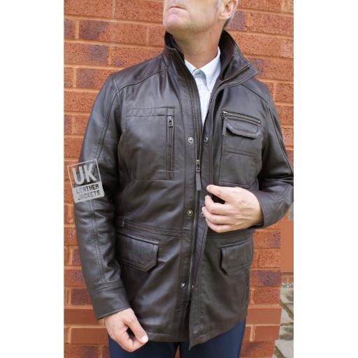 Men's Brown Leather Coat Jacket - Marquis I - Front 2