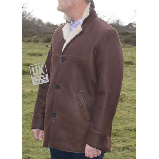 Mens Brown Sheepskin Car Coat - Foxhill - Cream Wool - Side