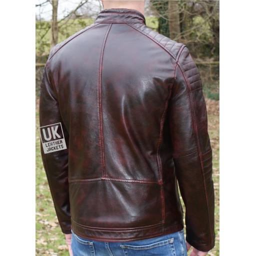 Men's Burgundy Leather Biker Jacket - Apex - Superior -Back