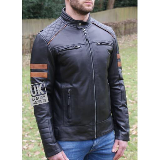 Men's Black Leather Biker Jacket - Tan Armbands -  Front Zip