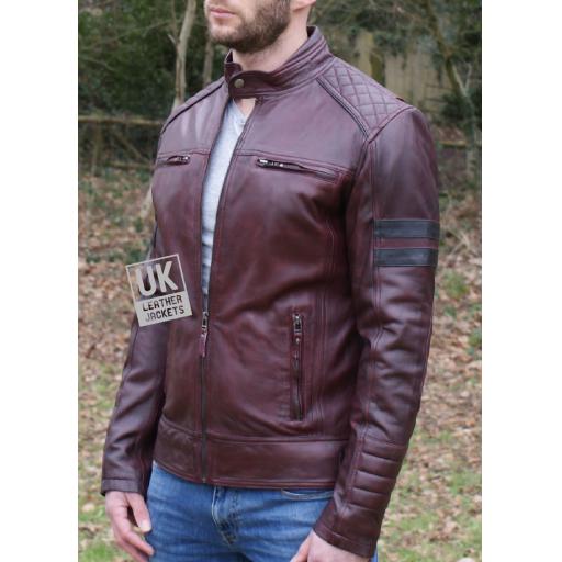 Mens Burgundy Leather Jacket - Quilted Diamond Cross Stitch - Front