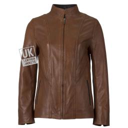 Women's Brown Leather Jacket - Anais - Turn Back Cuff - Front