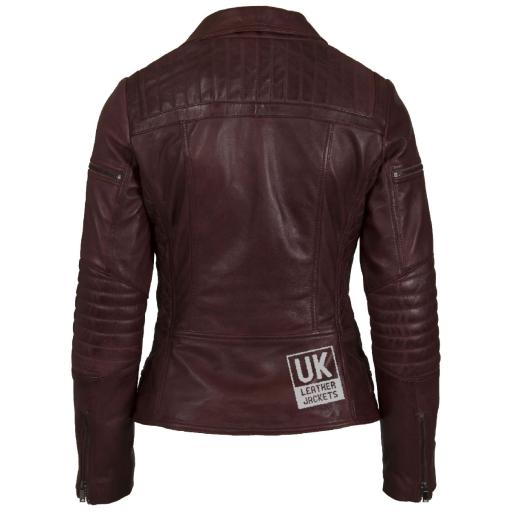 Womens Asymmetric Burgundy Leather Biker Jacket - Quilted Stitch - Back