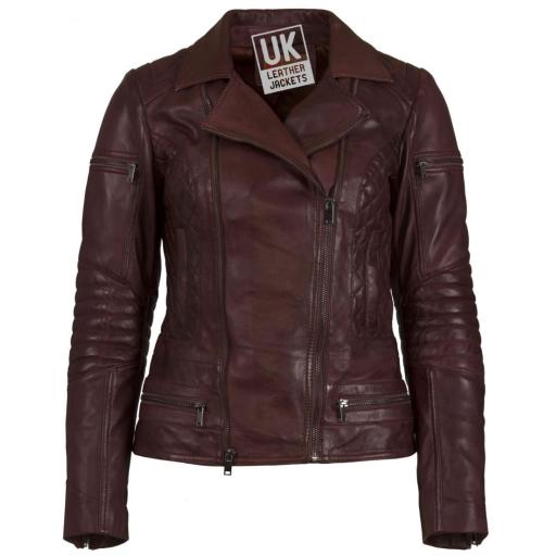 Womens Asymmetric Burgundy Leather Biker Jacket - Quilted Stitch - Front