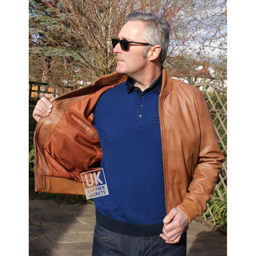 Mens Vintage Tan Leather Bomber Jacket Houston I