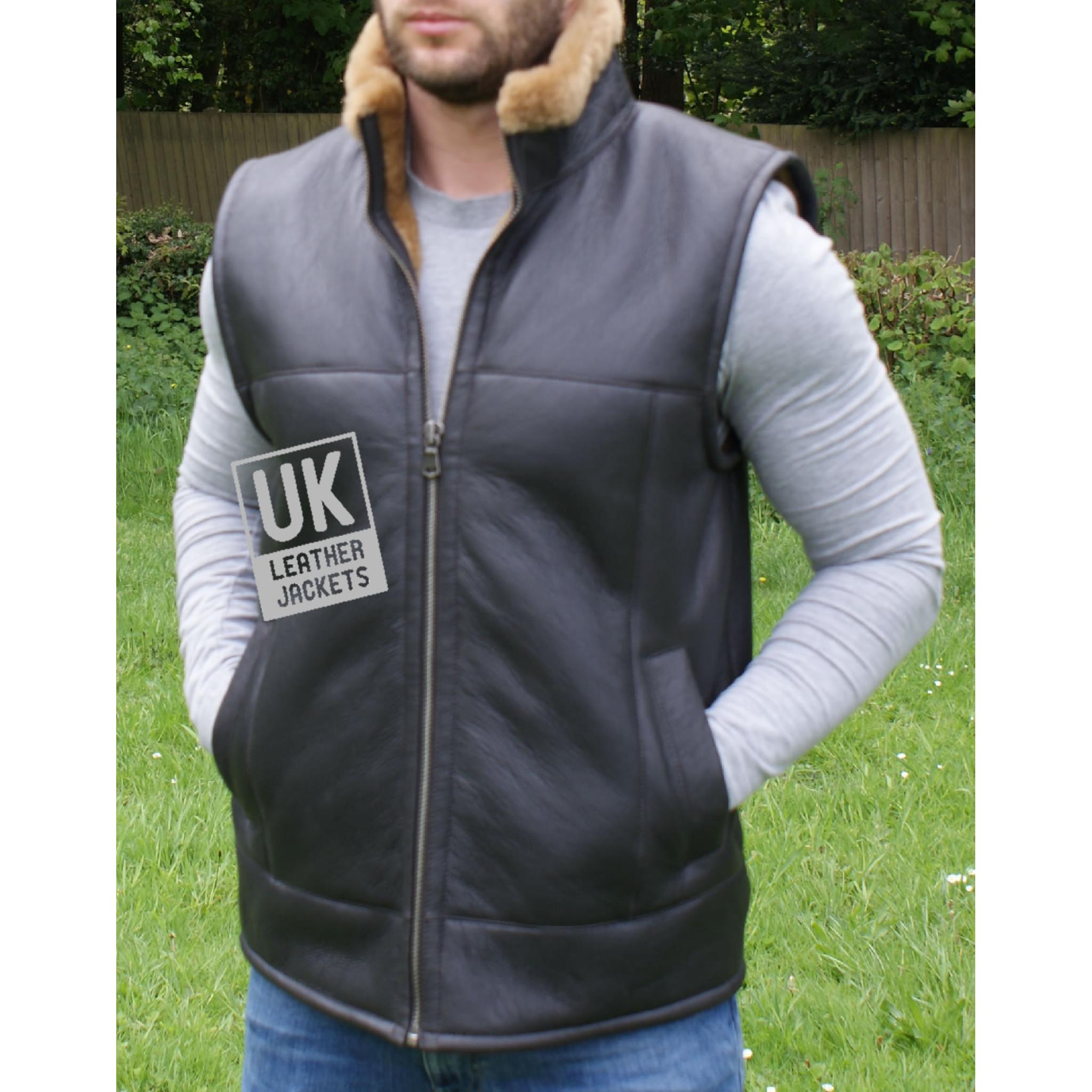 Mens Brown Wool Sheepskin Gilet Body Warmer