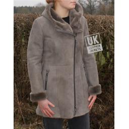 Womens Grey Merino Sheepskin Coat - Shawl Collar Hood - Asymmetric Zip