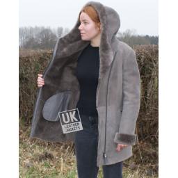 Womens Grey Merino Sheepskin Coat - Shawl Collar Hood - Wool Lining