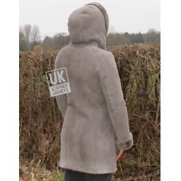 Womens Grey Merino Sheepskin Coat - Shawl Collar Hood - Sheepskin Hood