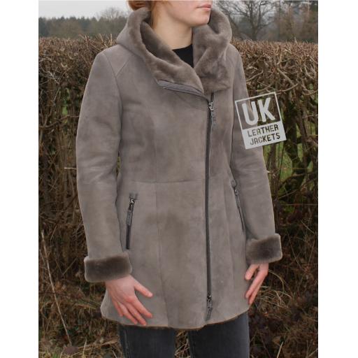 Womens Grey Merino Sheepskin Coat - Shawl Collar Hood