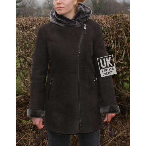 Womens Brown Merino Sheepskin Coat - Asymmetric Zip
