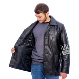 Men's Brown Leather Reefer Jacket - Oscar - Superior Quality - Light Quilted Lining