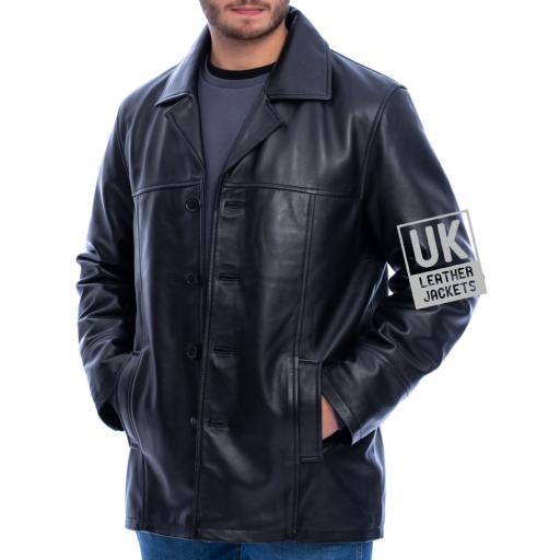 Men's Brown Leather Reefer Jacket - Oscar - Superior Quality - Front