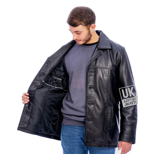 Men's Brown Leather Reefer Jacket - Oscar - Superior Quality - Light Quilted Lining