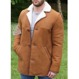 Mens Tan Sheepskin Jacket - Hip Length - Superior Quality - Button Front
