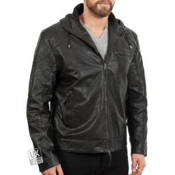 Mens Black Leather Hoodie - Argento - Front