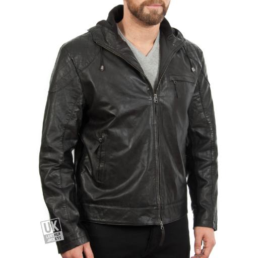 Mens Black Leather Hoodie - Argento - Front
