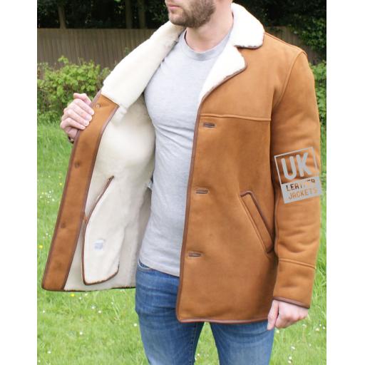 Mens Tan Sheepskin Jacket - Hip Length - Wool Lined Throughout