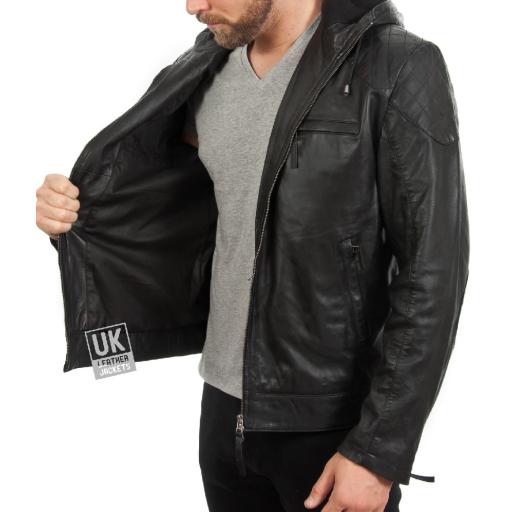 Mens Black Leather Hoodie - Argento - Lining