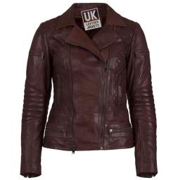 Women's Asymmetric Leather Biker Jacket - Bonnaire - Burgundy - Front