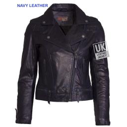 Womens Asymmetric NAVY Leather Jacket - Destiny - Front Off-Set Zip