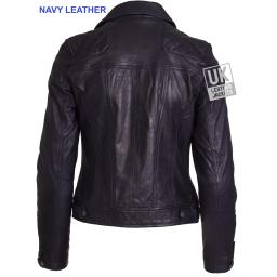 Womens Asymmetric NAVY Leather Jacket - Destiny - Back Panel with Quilted Stitching