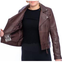 Womens Asymmetric Leather Jacket in Maroon Burgundy - Isla - Lining
