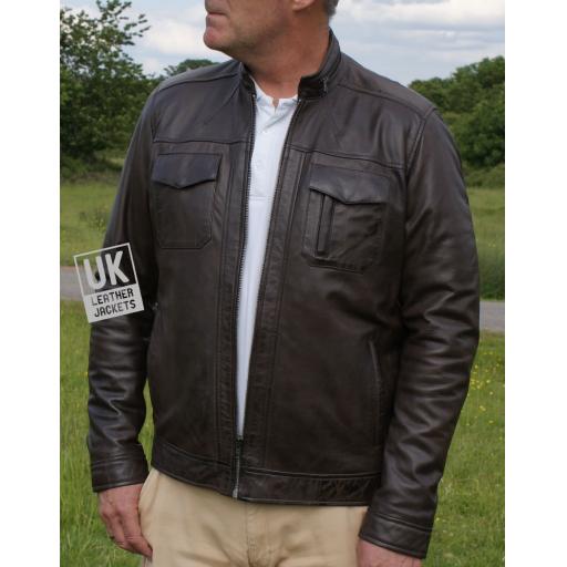 Men's Vintage Brown Leather Jacket - Becks - Front Zip Closure