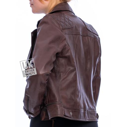 Womens Asymmetric Leather Jacket in Maroon Burgundy - Isla - Back