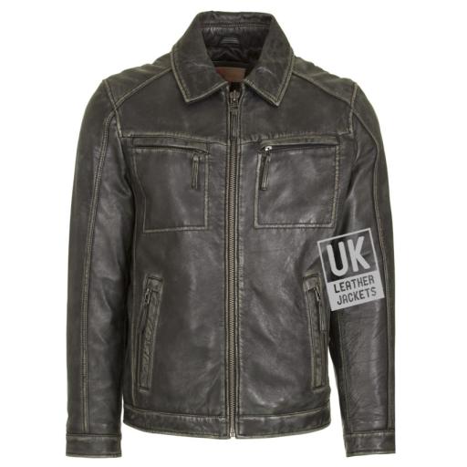 Mens Distressed Black Leather Jacket - Lance - Front