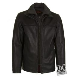 Mens Black Leather Jacket - Detach Inner Collar -Ibex - Front View