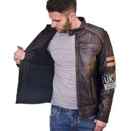 Mens Faded Black Leather Biker Jacket - Distressed Cafe Racer - Linning