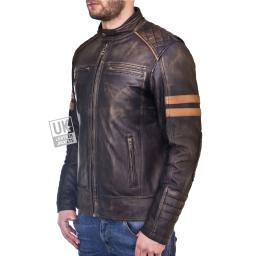 Mens Faded Black Leather Biker Jacket - Distressed Cafe Racer - Slim Fit