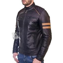 Men's Black Leather Biker Jacket - Cafe Racer  -Tan Armbands -Slim Fit