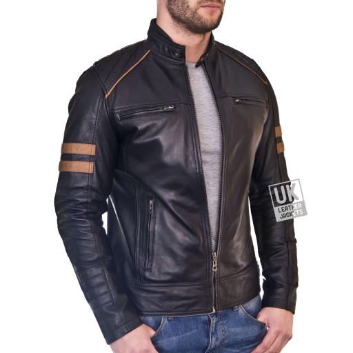 Men's Black Leather Biker Jacket - Cafe Racer  -Tan Armbands - Unzipped