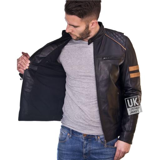 Mens Black Leather Biker Jacket - Cafe Racer - Lining