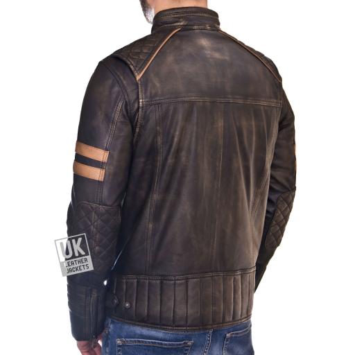 Mens Faded Black Leather Biker Jacket - Distressed Cafe Racer - Back