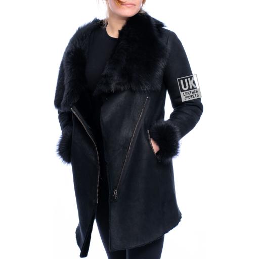 Womens Black Merino Sheepskin Toscana Coat - Asymmetric Zip - 3/4 Length 