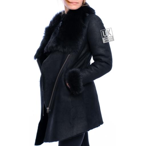 Womens Black Merino Sheepskin Toscana Coat - Asymmetric Zip - Toscana Cuffs